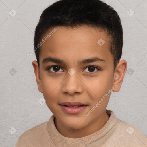 Joyful white child male with short  brown hair and brown eyes