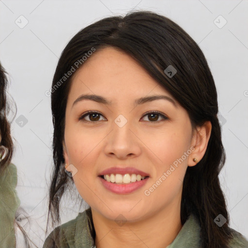 Joyful white young-adult female with long  brown hair and brown eyes