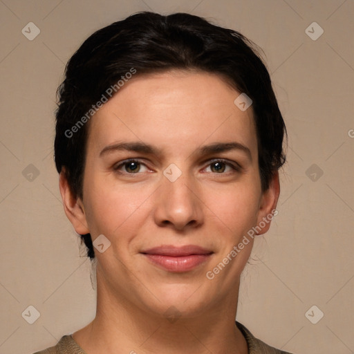 Joyful white young-adult female with short  brown hair and grey eyes