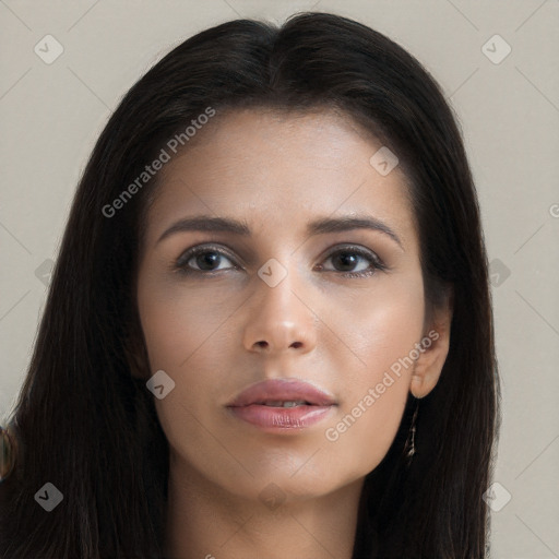 Neutral asian young-adult female with long  brown hair and brown eyes