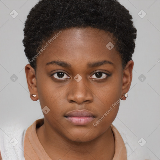 Neutral black young-adult female with short  brown hair and brown eyes