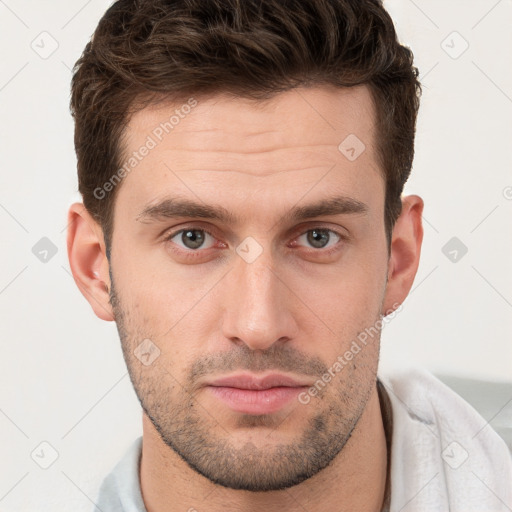 Neutral white young-adult male with short  brown hair and grey eyes