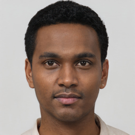 Neutral black young-adult male with short  black hair and brown eyes