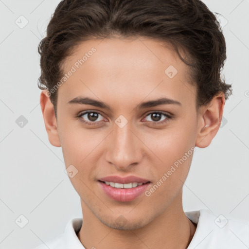 Joyful white young-adult female with short  brown hair and brown eyes