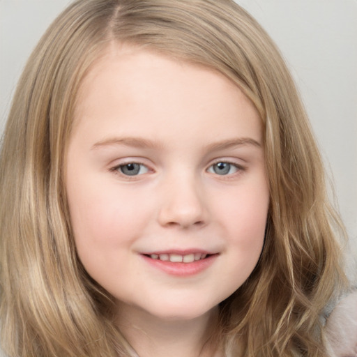 Joyful white child female with medium  brown hair and grey eyes