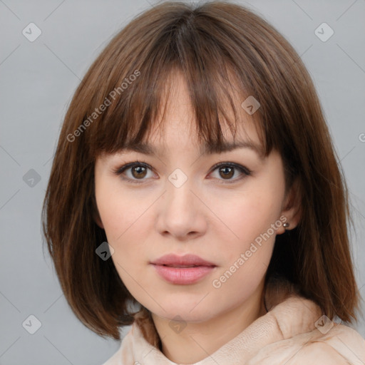 Neutral white young-adult female with medium  brown hair and brown eyes