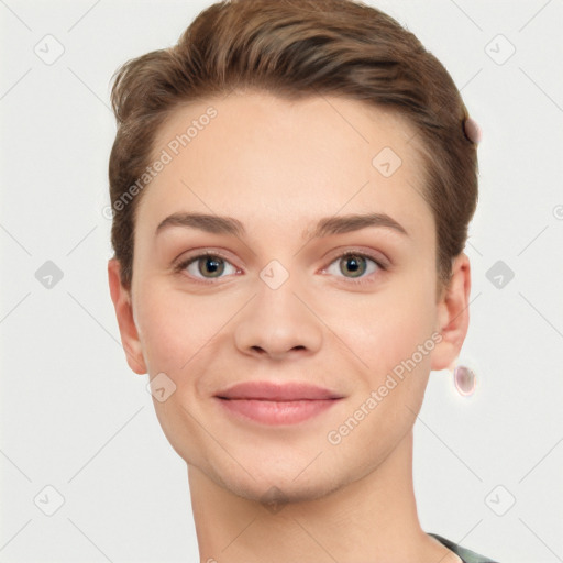 Joyful white young-adult female with short  brown hair and grey eyes