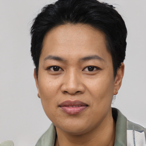 Joyful asian adult female with short  black hair and brown eyes