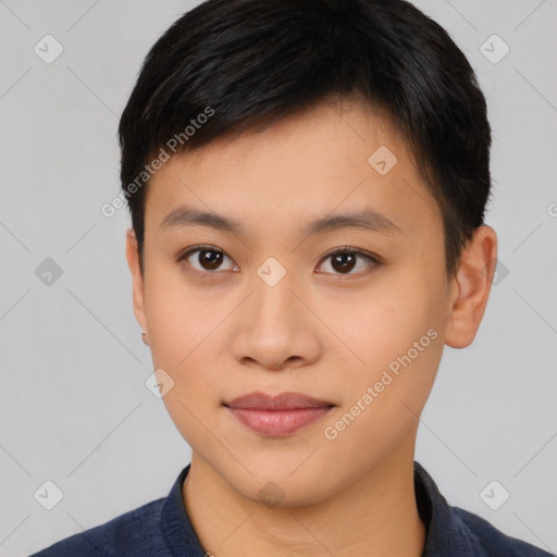 Joyful asian young-adult female with short  brown hair and brown eyes