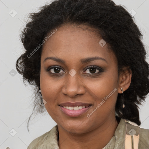 Joyful black young-adult female with medium  brown hair and brown eyes