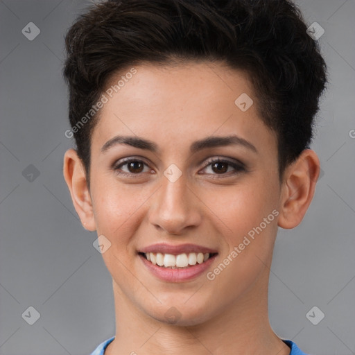 Joyful white young-adult female with short  brown hair and brown eyes