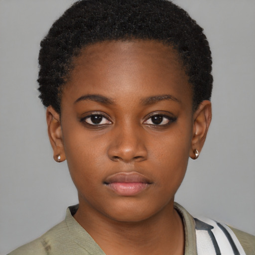 Neutral black young-adult female with short  black hair and brown eyes