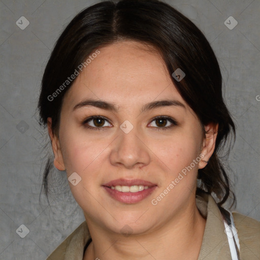 Joyful white young-adult female with medium  brown hair and brown eyes