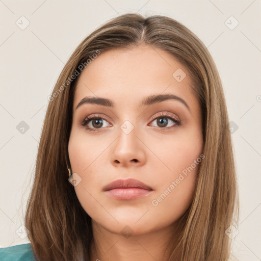 Neutral white young-adult female with long  brown hair and brown eyes