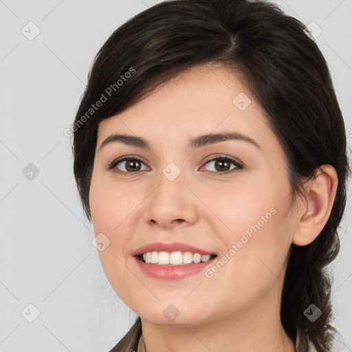 Joyful white young-adult female with medium  brown hair and brown eyes