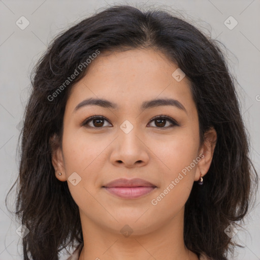 Joyful asian young-adult female with long  brown hair and brown eyes