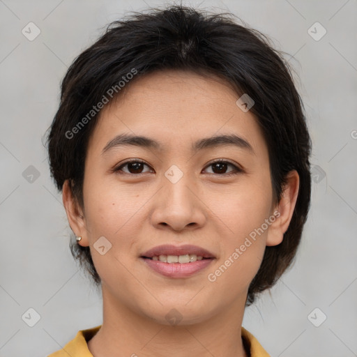 Joyful asian young-adult female with medium  brown hair and brown eyes