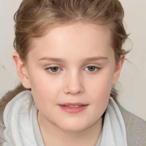 Joyful white child female with medium  brown hair and brown eyes