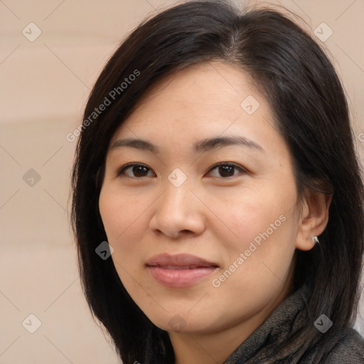 Joyful white young-adult female with medium  brown hair and brown eyes