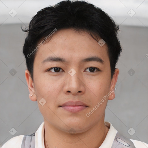 Neutral asian young-adult male with short  black hair and brown eyes