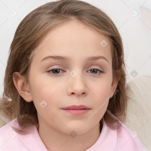 Neutral white child female with medium  brown hair and grey eyes