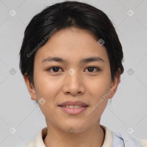 Joyful asian young-adult female with short  brown hair and brown eyes