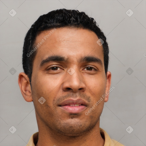 Neutral latino young-adult male with short  black hair and brown eyes