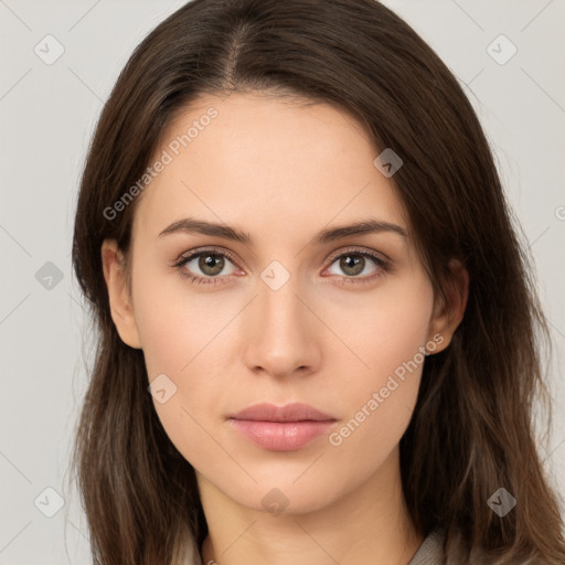 Neutral white young-adult female with long  brown hair and brown eyes