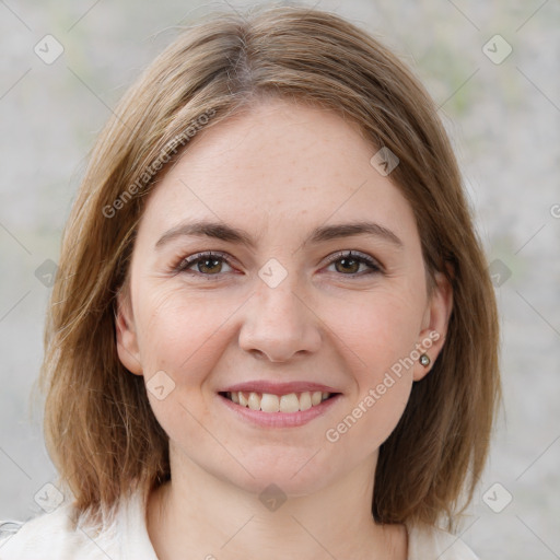 Joyful white young-adult female with medium  brown hair and grey eyes