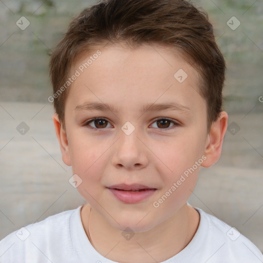 Joyful white child female with short  brown hair and brown eyes