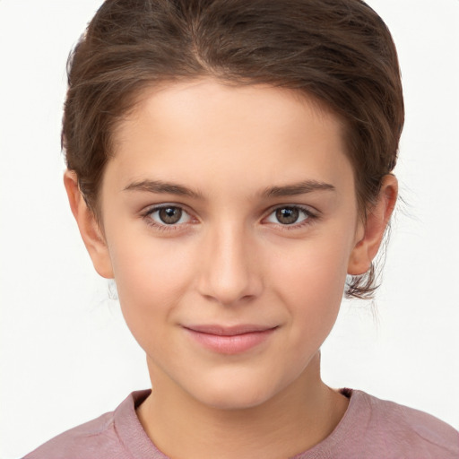 Joyful white child female with short  brown hair and brown eyes