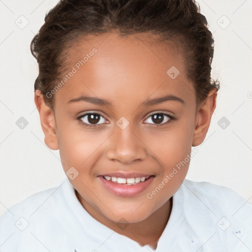 Joyful white child female with short  brown hair and brown eyes