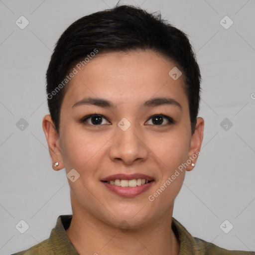 Joyful white young-adult female with short  brown hair and brown eyes