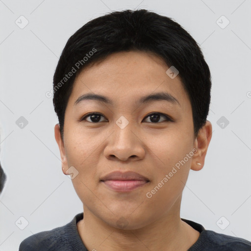 Joyful asian young-adult female with short  black hair and brown eyes