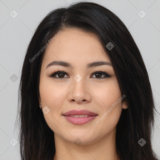 Joyful latino young-adult female with long  brown hair and brown eyes