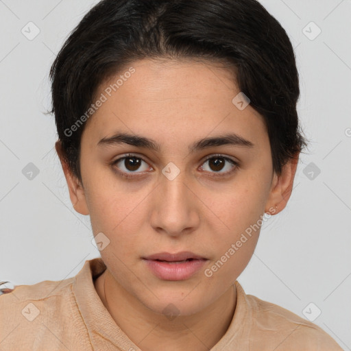 Neutral white young-adult female with short  brown hair and brown eyes