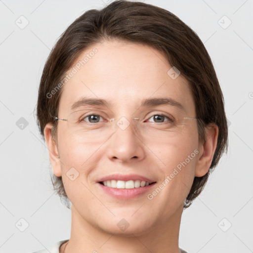 Joyful white young-adult female with medium  brown hair and grey eyes