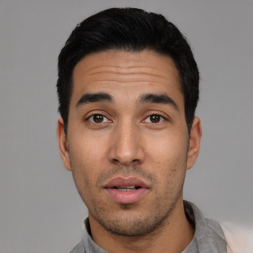 Neutral asian young-adult male with short  black hair and brown eyes