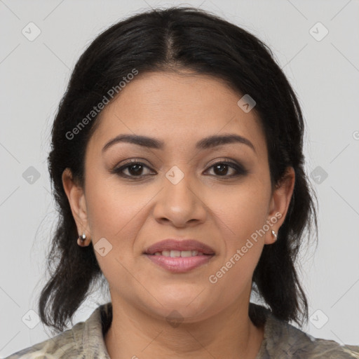 Joyful latino young-adult female with medium  brown hair and brown eyes