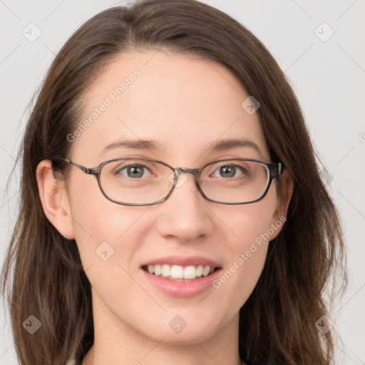 Joyful white young-adult female with long  brown hair and grey eyes