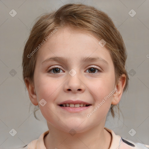 Joyful white child female with medium  brown hair and brown eyes