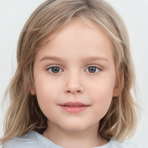 Neutral white child female with medium  brown hair and blue eyes