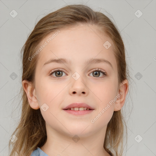 Joyful white child female with medium  brown hair and blue eyes