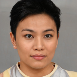 Neutral asian young-adult female with short  black hair and brown eyes