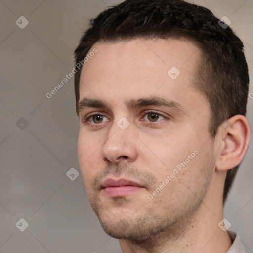 Neutral white young-adult male with short  brown hair and brown eyes