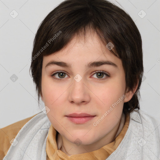 Neutral white young-adult female with medium  brown hair and brown eyes