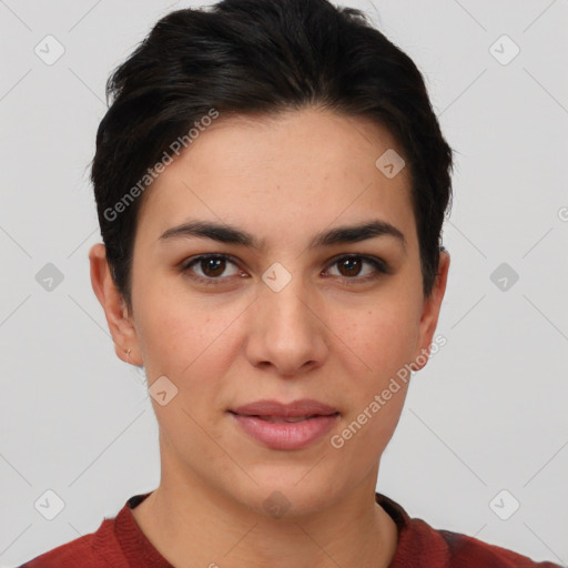 Joyful white young-adult female with short  brown hair and brown eyes