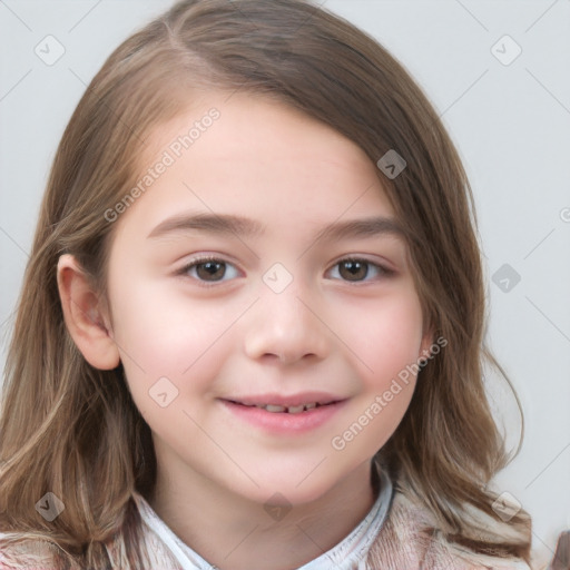 Joyful white child female with medium  brown hair and brown eyes