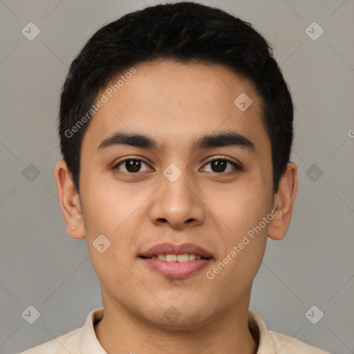 Joyful latino young-adult male with short  black hair and brown eyes