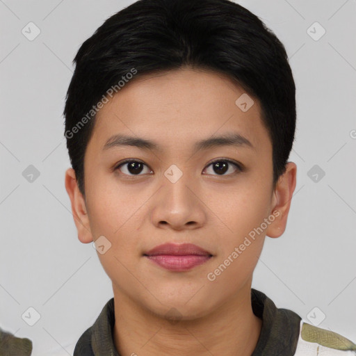 Joyful asian young-adult female with short  black hair and brown eyes
